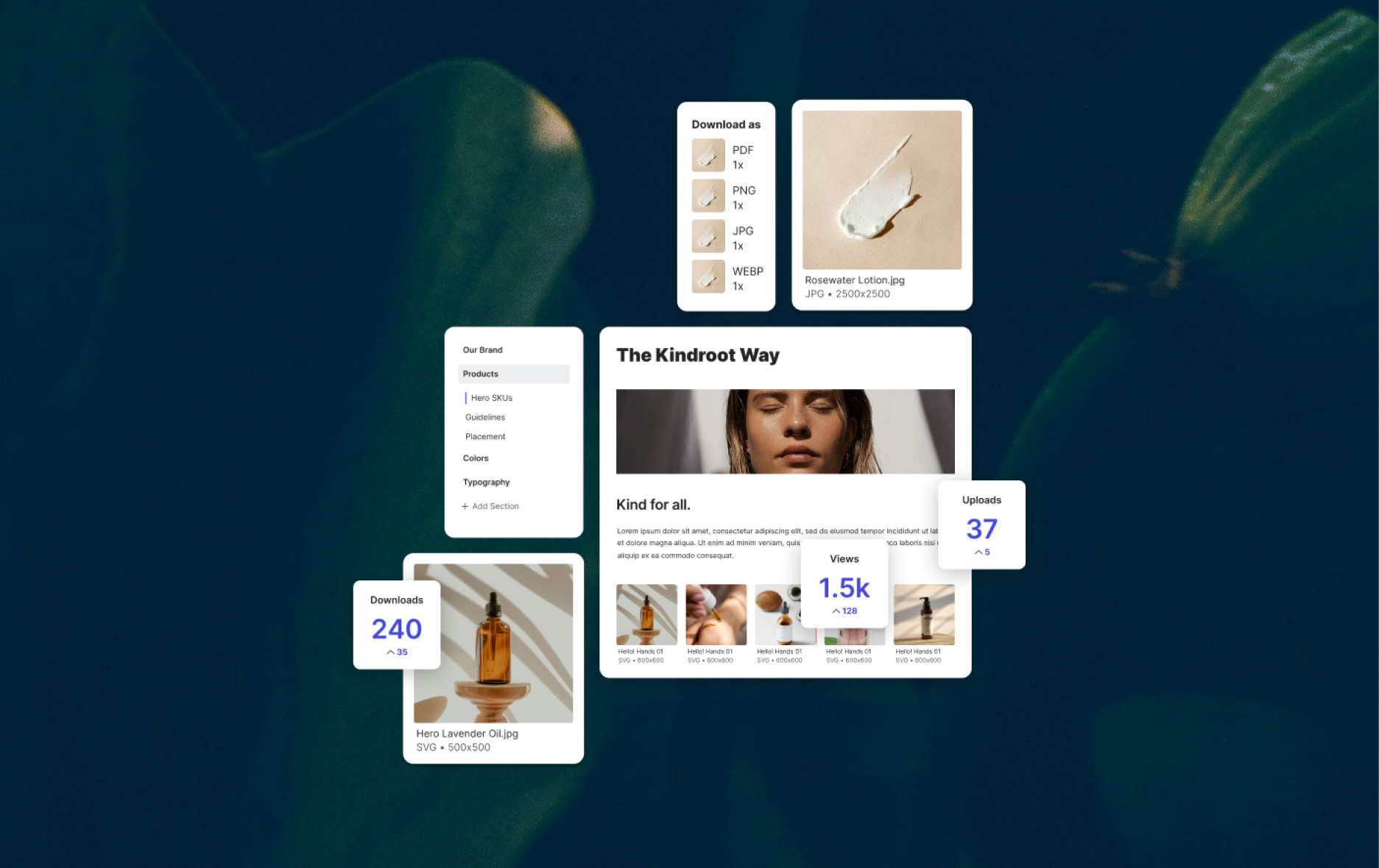 Lingo-style brand portal UI floating over a dark leafy background, showing “The Kindroot Way” page, asset thumbnails, download options, and stats cards for downloads, views, and uploads.